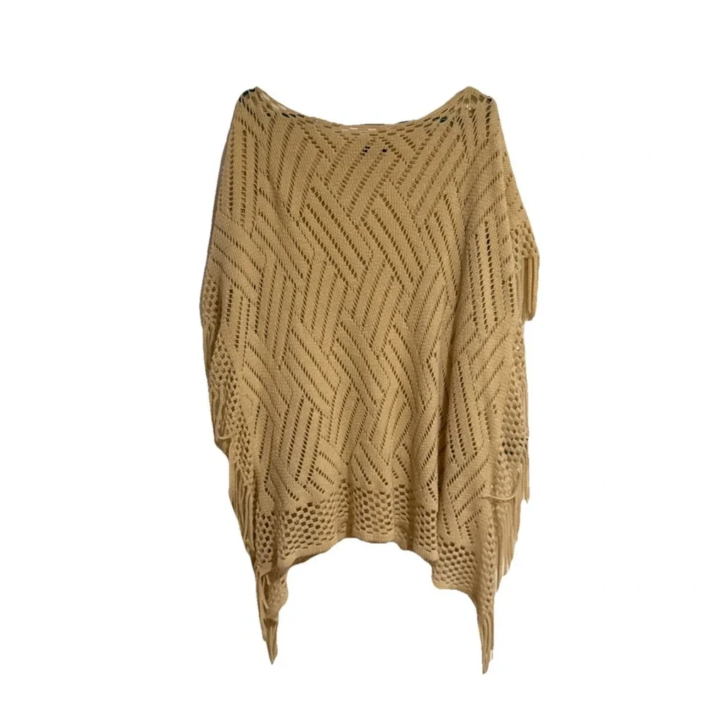 LTV Imports Beige Tan Woman's Shawl With Fringe, Overhead Square Style Sweater